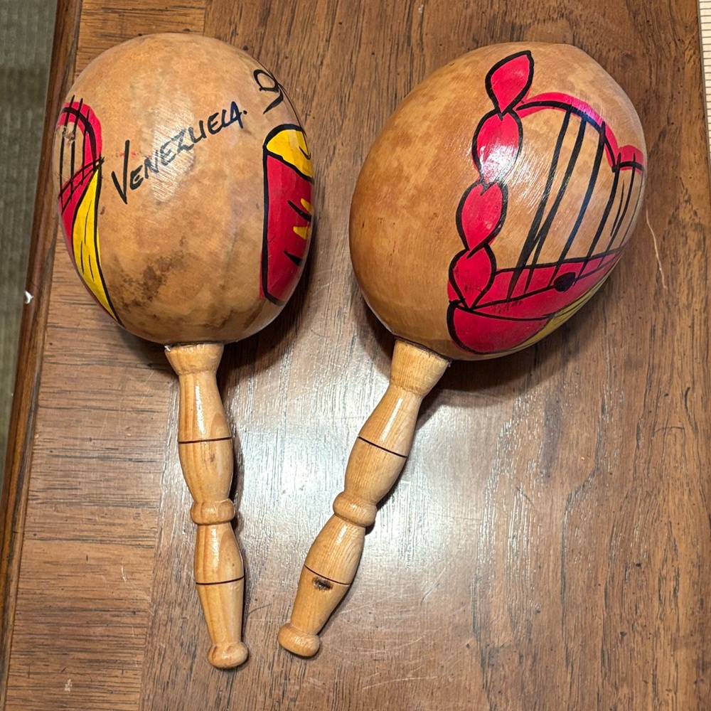 Handcrafted Venezuelan Maracas with Red and Yellow Design